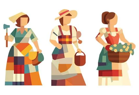 Stylized flat geometric illustration of three women farmers Stock Illustration
