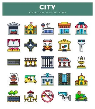 Stylized flat icons represent diverse urban elements and services. Stock Illustration
