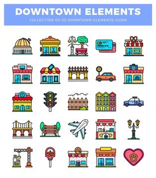 Stylized flat icons represent downtown city elements in a collection. Stock Illustration