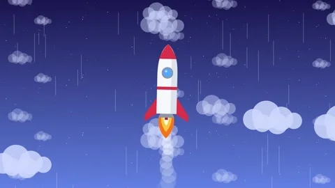 A stylized flat illustration of a white space rocket launching upward throu.. Stockbeeldmateriaal 346981097