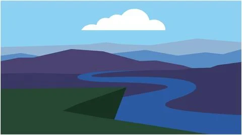 Stylized flat illustration of a winding river in a mountain landscape Stock Illustration