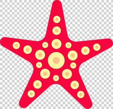 Stylized flat red starfish is floating on transparent background with yellow 스톡 일러스트
