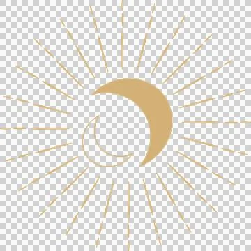 Stylized flat sun-moon emblem is showing gold crescents, rays on transparent Illustrazione stock