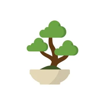 Stylized Flat Vector Bonsai Tree in Beige Ceramic Pot Icon for Zen Stock Illustration