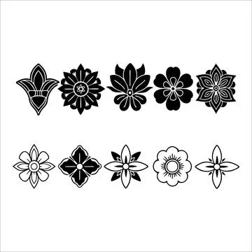 Stylized Floral Icon Set – Black Filled and Outlined Symmetrical Stock Illustration
