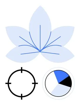 Stylized flower shape with intersecting lines, target circle, and pie chart s Stock Illustration