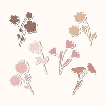 Stylized flower stickers set in soft brown and pink hues Stock Illustration