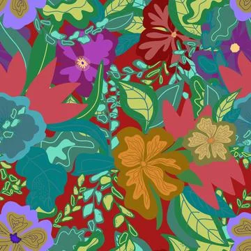 Stylized flowers in flat style hand drawn vector seamless pattern. Retro styl Stock Illustration