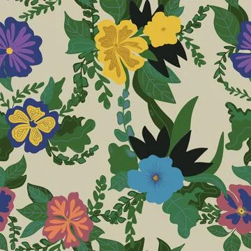 Stylized flowers in flat style hand drawn vector seamless pattern. Retro styl Illustrazione stock