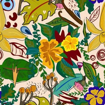 Stylized flowers in flat style hand drawn vector seamless pattern. Retro styl Stock Illustration
