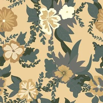 Stylized flowers in flat style hand drawn vector seamless pattern. Retro styl Stock Illustration