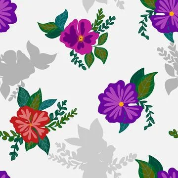 Stylized flowers in flat style hand drawn vector seamless pattern. Retro styl Stock Illustration