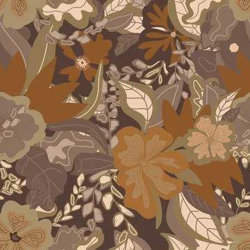 Stylized flowers in flat style hand drawn vector seamless pattern. Retro styl Stock Illustration