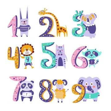Stylized Funky Animals Standing Next To Digits Sticker Set Stock Illustration