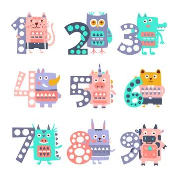 Stylized Funky Animals Standing Next To Digits Sticker Set Stock Illustration