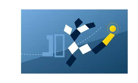 Stylized geometric runner approaching a yellow target with the number ten i.. Stock Illustration