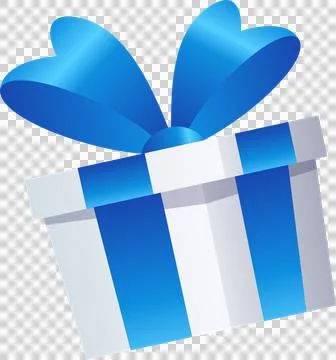 Stylized gift box is tilting right with glossy blue ribbon bow in 3D render, Illustrazione stock