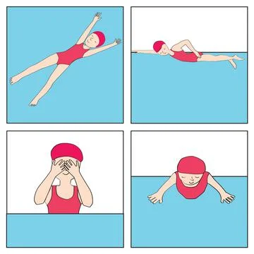 Stylized girl learning different styles of swimming, vector illustration イラスト素材