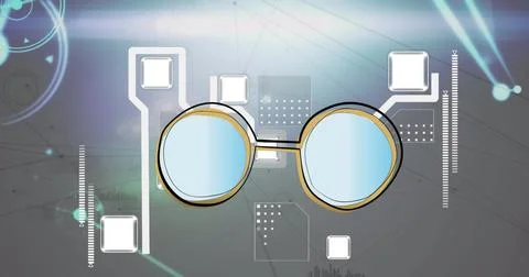 Stylized glasses floating in digital interface with panels, circuit lines and Stock Photos