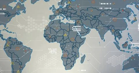 Stylized global data map showing dark blue continents with thin network lines Stock Photos