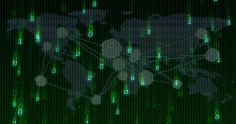 Stylized global map nodes reacting as binary digits cascading from top-left Stock Footage 329909328
