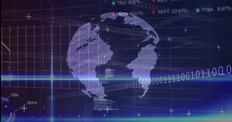 Stylized globe appearing rotating westward code streaming updating charts Stock Footage 311664083