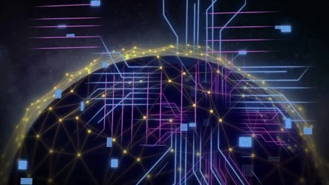 Stylized globe centered, neon circuits sweeping from right and above, Stock Footage 334337819