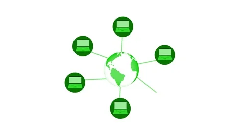 Stylized globe connected to six laptops by spokes, minimalist flat animation 스톡 동영상 337023849