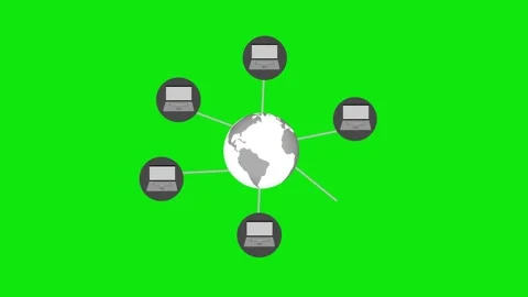 Stylized globe connected to six laptops by spokes, minimalist flat animation Stock Footage 337023858