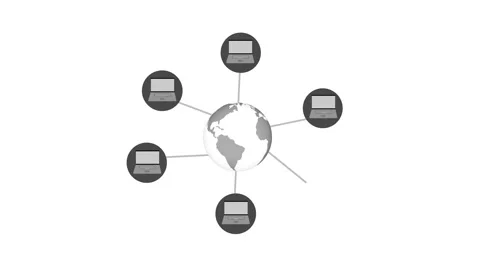 Stylized globe connected to six laptops by spokes, minimalist flat animation Stock Footage 337023873