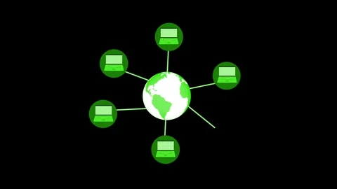 Stylized globe connected to six laptops by spokes, minimalist flat animation Stock Footage 337023877