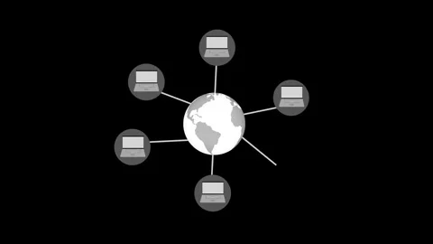 Stylized globe connected to six laptops by spokes, minimalist flat animation Stock Footage 337023907