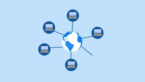 Stylized globe connected to six laptops by spokes, minimalist flat animation Stock Footage 337023916