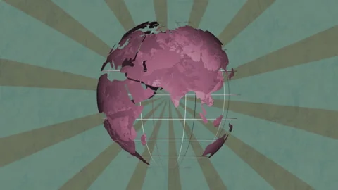 Stylized globe featuring pink continents rotating with white grid lines and Stock Footage 307462974