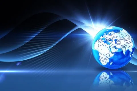Stylized globe is glowing in futuristic tech scene, with circuitry, reflective Stock Photos