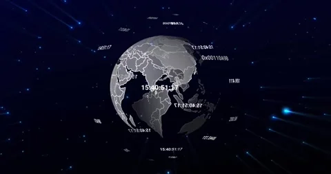 Stylized globe receiving data feed, rotating and revealing floating labels and 動画素材 330959326