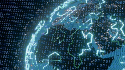Stylized globe rotating as binary stream starting, ripples expanding showing Stock Footage 335739439