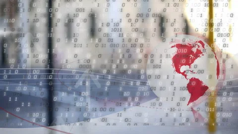 Stylized globe rotating in blurred corridor, binary digits cascading alongside Stock Footage 307431869