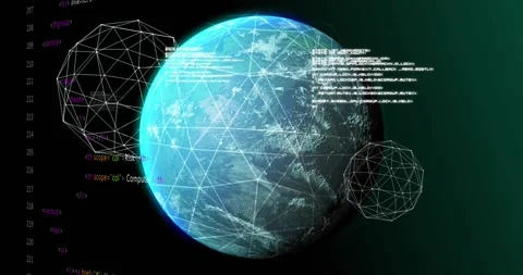 Stylized globe rotating in cyber view, code blocks scrolling from right, Stock Footage 333900637
