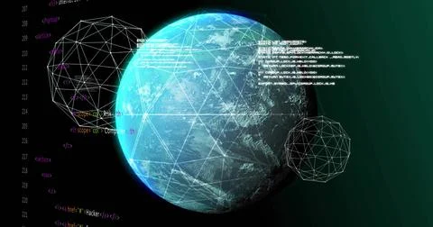 Stylized globe rotating in cyber view, code blocks scrolling from right, イラスト素材