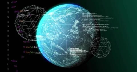 Stylized globe rotating in cyber view, code blocks scrolling from right, Stock Illustration