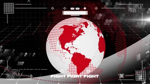 Stylized globe rotating in dark 3D grid scene, showing code overlays and Fight Stock Footage 308207427