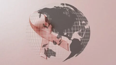 Stylized globe rotating, pale-pink ribbon appearing left, sweeping across, Video stock 335480871