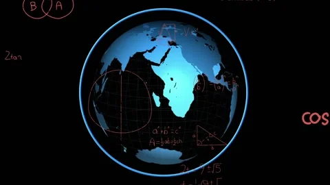 Stylized globe rotating, starting pink math notation spreading into black void Stock Footage 330331339