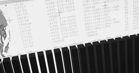 Stylized globe showing alphanumeric codes, !ERROR strings, black bars in dash Illustrazione stock