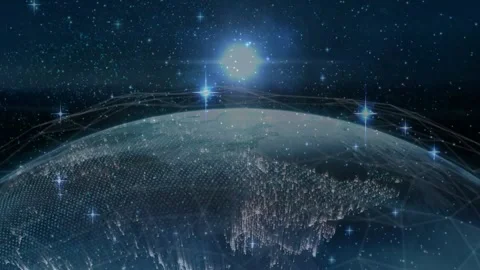 Stylized globe showing mesh dome and revealing data flow, bright orb rising, Stock Footage 329122353