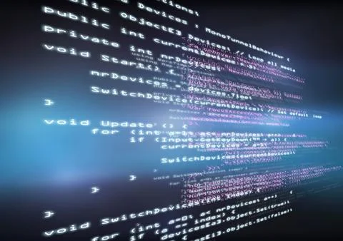 Stylized glowing 3D code lines are floating across blurred blue purple gradient Stock Illustration