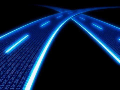 Stylized glowing blue highway with binary code, 3d illustration Stock Illustration
