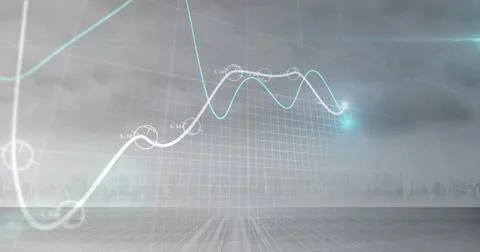 Stylized graph showing white line with nodes and labels, cyan line glowing, 3D Stock Photos