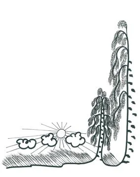 Stylized graphic corner frame with Russian landscape with birches Stock Illustration